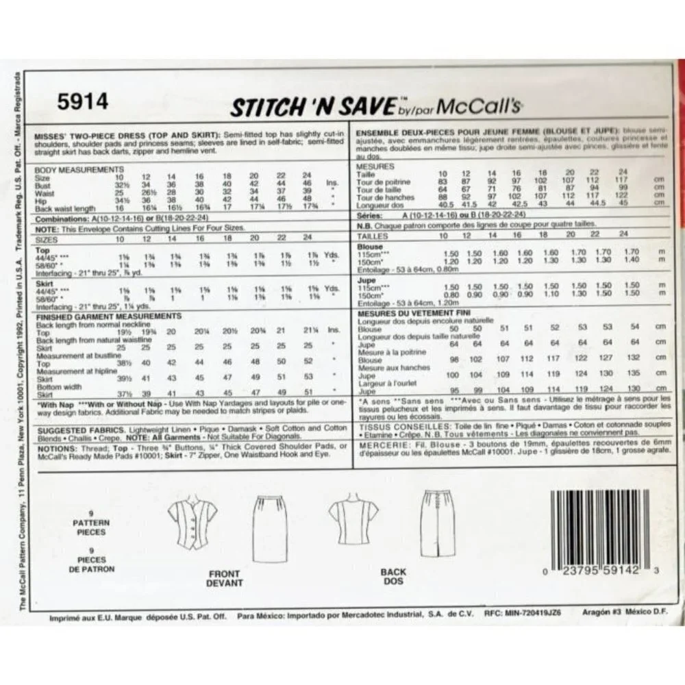 McCalls Sewing Pattern 5914 Two Piece‎ Dress Top Skirt Misses Size 18-24